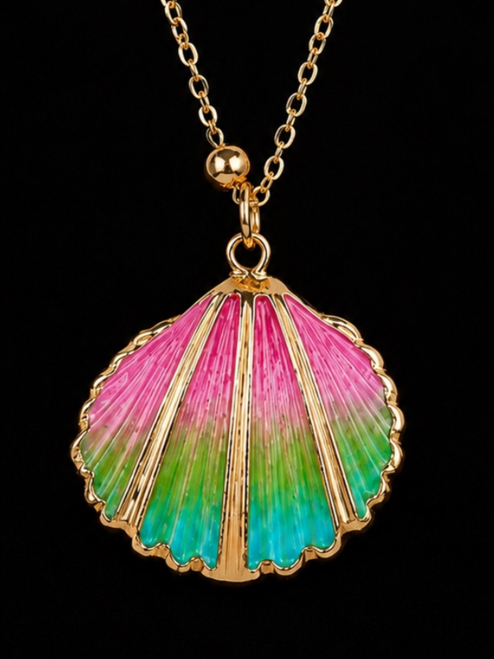 “Ombre Scallop Shell” Rainbow Bivalve Clam Oyster Gold-Dipped Mermaid Necklace